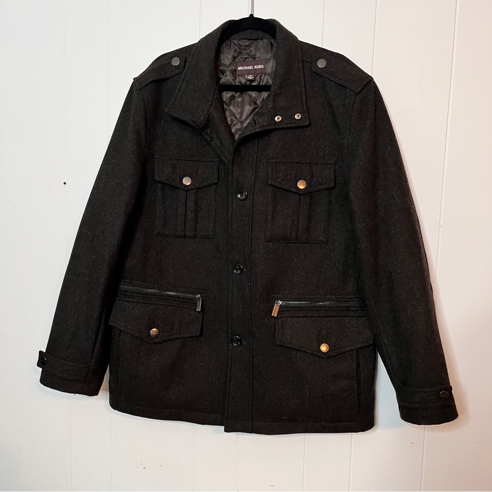 Michael Kors Wool Blend Field Coat Dark Brown Button Front Insulated Men's Large